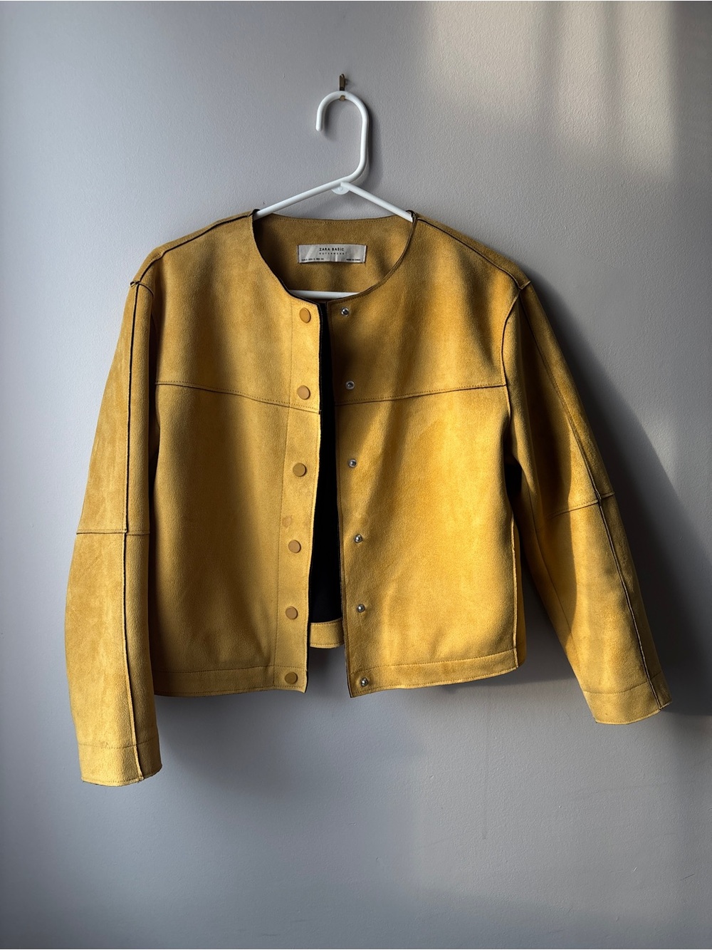 Zara Basic Mustard Yellow Suede Snap-Front Jacket with pockets!
